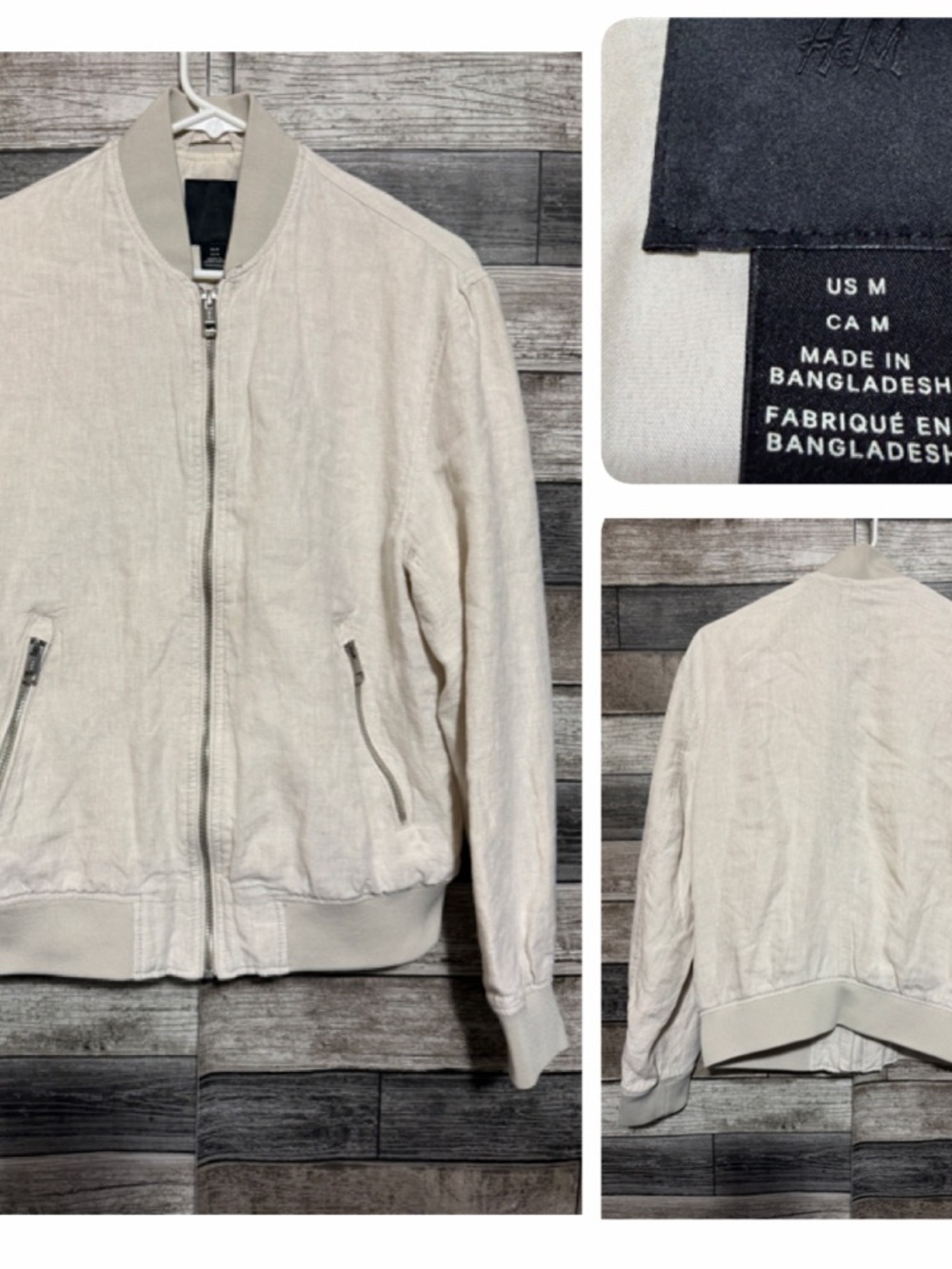 H&M 100% Linen Bomber Jacket Men’s M Coastal Nautical Preppy Cream Beige